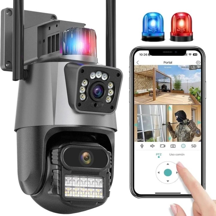 Cámara Seguridad Wifi Doble Lente 8mp 4k Ptz Alarma Sirena Gris
