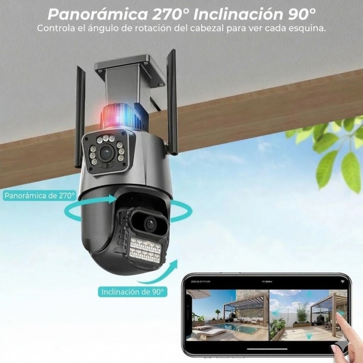 Cámara Seguridad Wifi Doble Lente 8mp 4k Ptz Alarma Sirena Gris