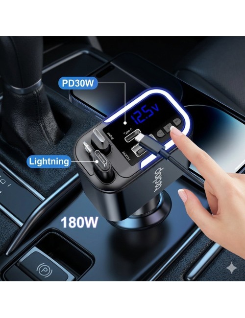 Cargador Carro Carga Rápida 180w Retráctil 5 En 1 Transmisor Negro