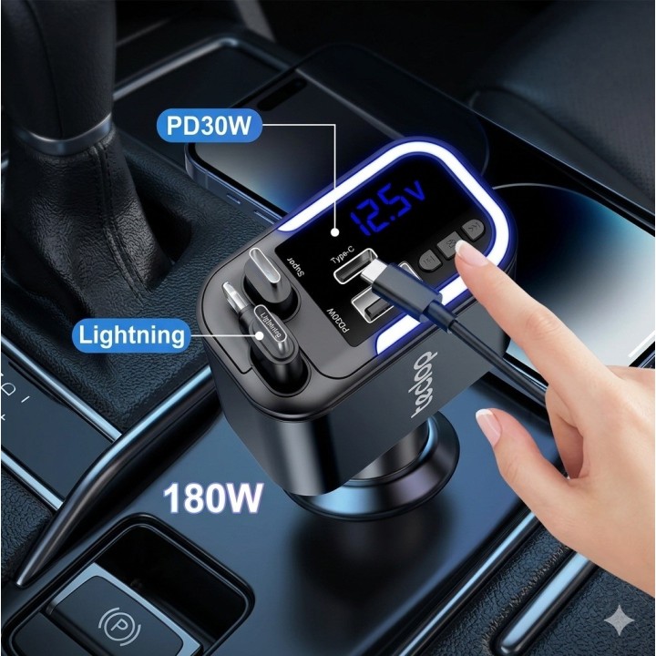 Cargador Carro Carga Rápida 180w Retráctil 5 En 1 Transmisor Negro | Dayoshop