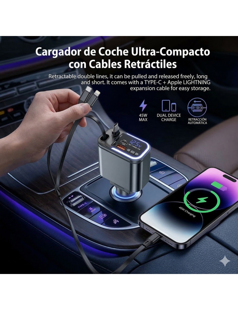 Cargador Carro Carga Rápida 180w Retráctil 5 En 1 Transmisor Negro