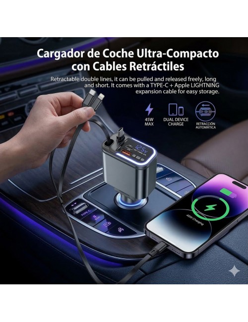 Cargador Carro Carga Rápida 180w Retráctil 5 En 1 Transmisor Negro