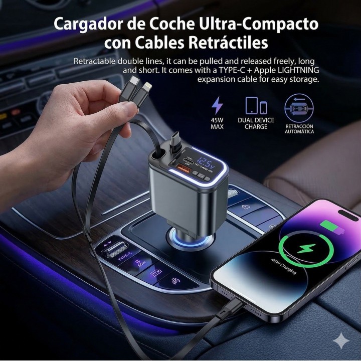 Cargador Carro Carga Rápida 180w Retráctil 5 En 1 Transmisor Negro | Dayoshop