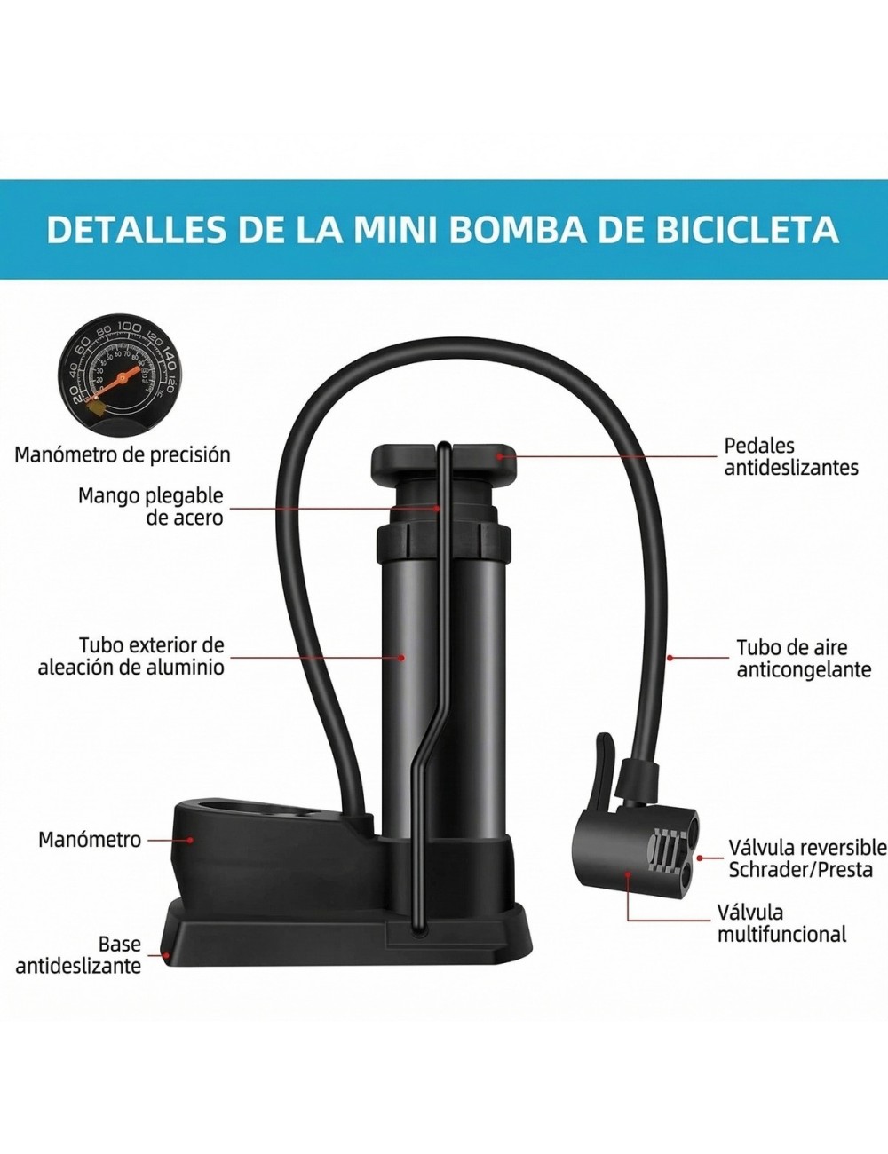 Mini Inflador De Pie Ergonómico Con Manómetro Doble Válvula