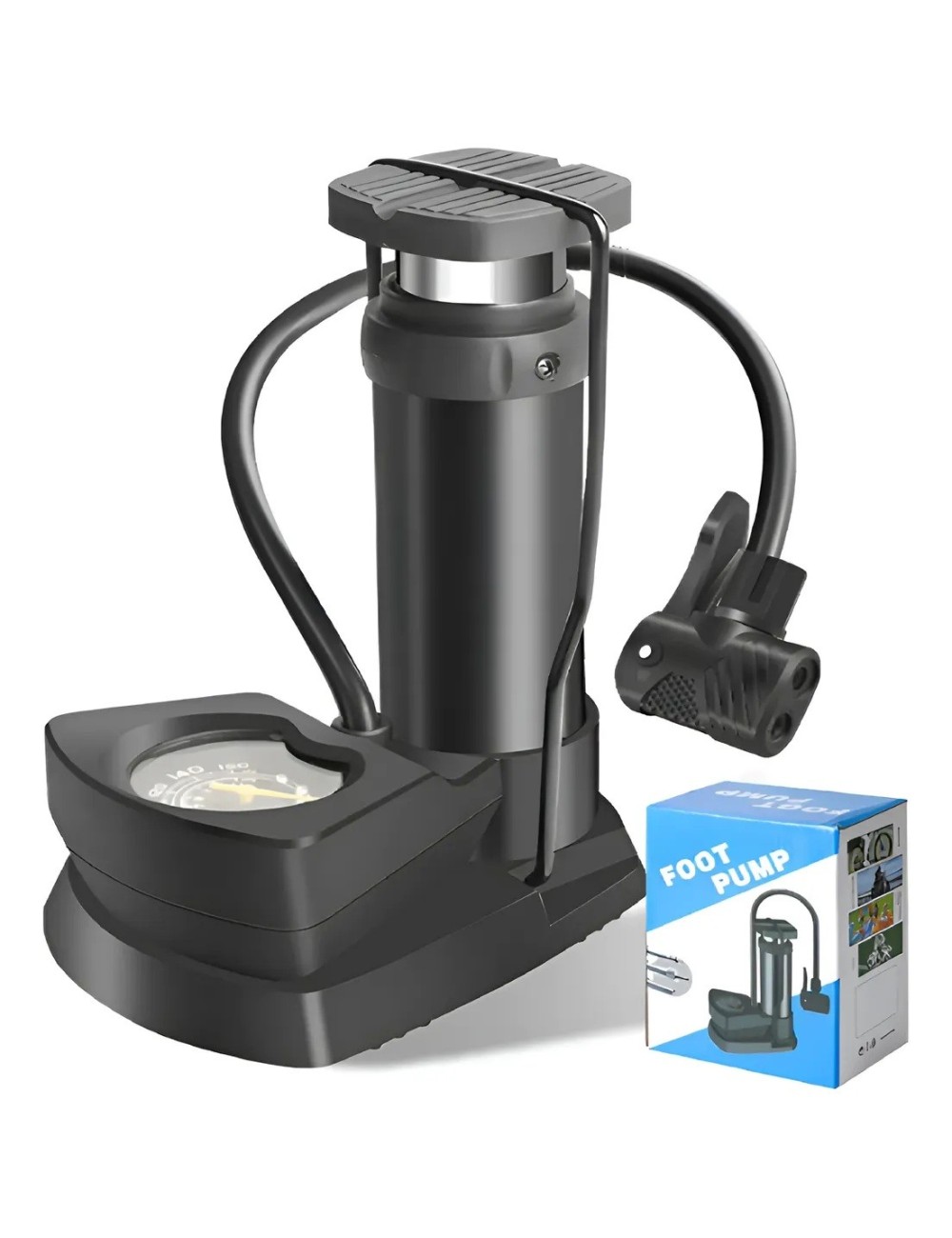 Mini Inflador De Pie Ergonómico Con Manómetro Doble Válvula