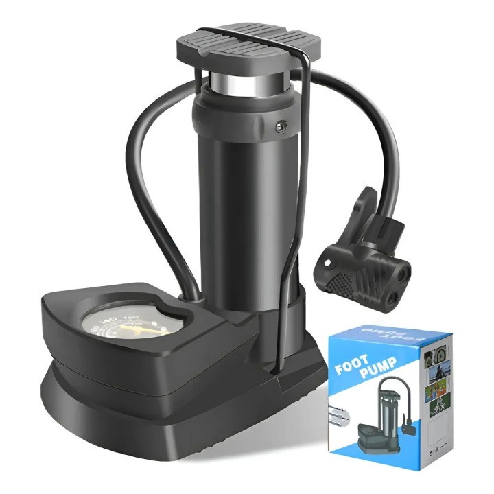 Mini Inflador De Pie Ergonómico Con Manómetro Doble Válvula