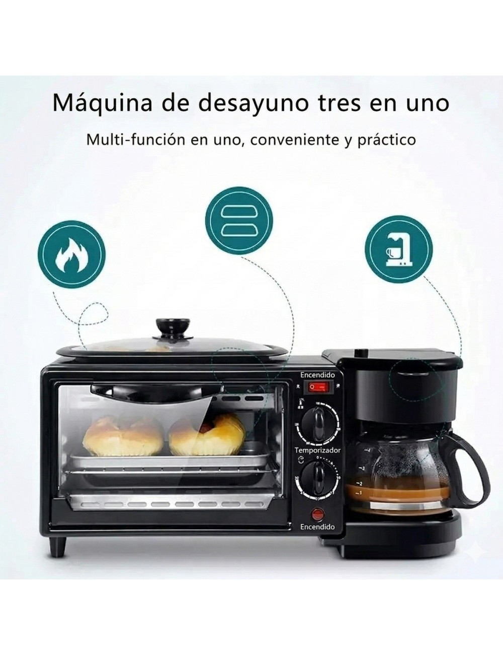 Estación Desayuno 3 En 1 Cafetera Horno Plancha Multifunción