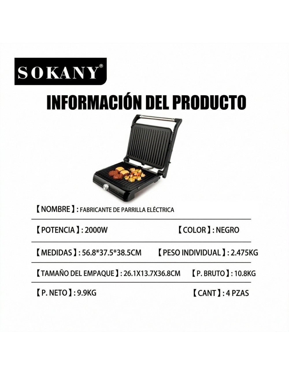 Parrilla Grill Eléctrica 2000w Multiuso Apertura 180 Grados
