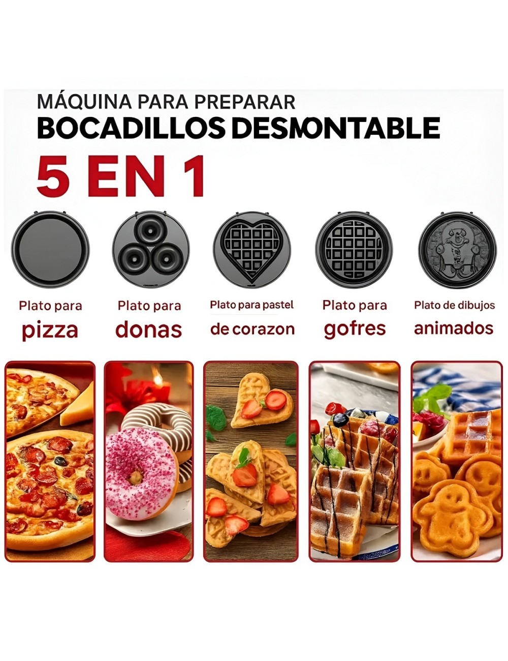 Máquina De Donas Waffles Galletas Pizzas 5 En 1 Desmontable