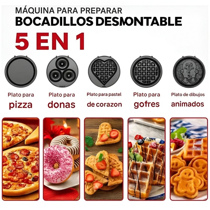 Máquina De Donas Waffles Galletas Pizzas 5 En 1 Desmontable