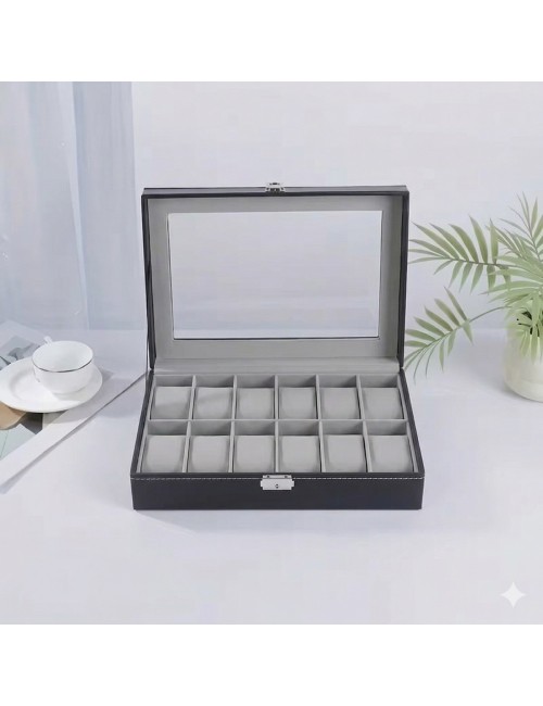 Caja Organizador De Relojes X12 Lujo Estuche Cuero Y Vidrio