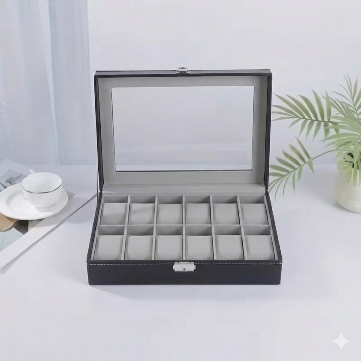 Caja Organizador De Relojes X12 Lujo Estuche Cuero Y Vidrio