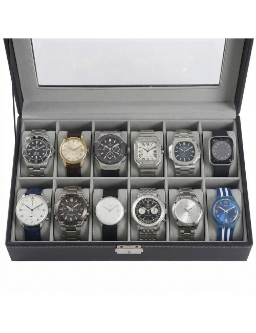 Caja Organizador De Relojes X12 Lujo Estuche Cuero Y Vidrio