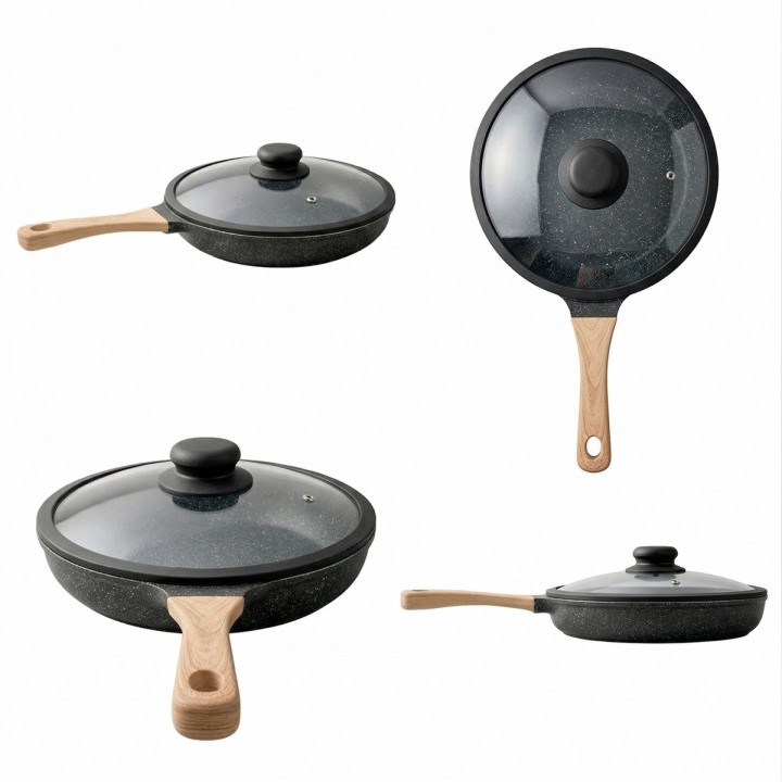 Sarten Antiadherente Granito 24cm Con Tapa Mango Madera