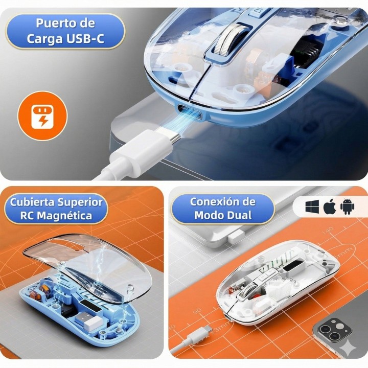Mouse Inalámbrico Transparente Dual Bluetooth 5.2 + 2.4g Rgb