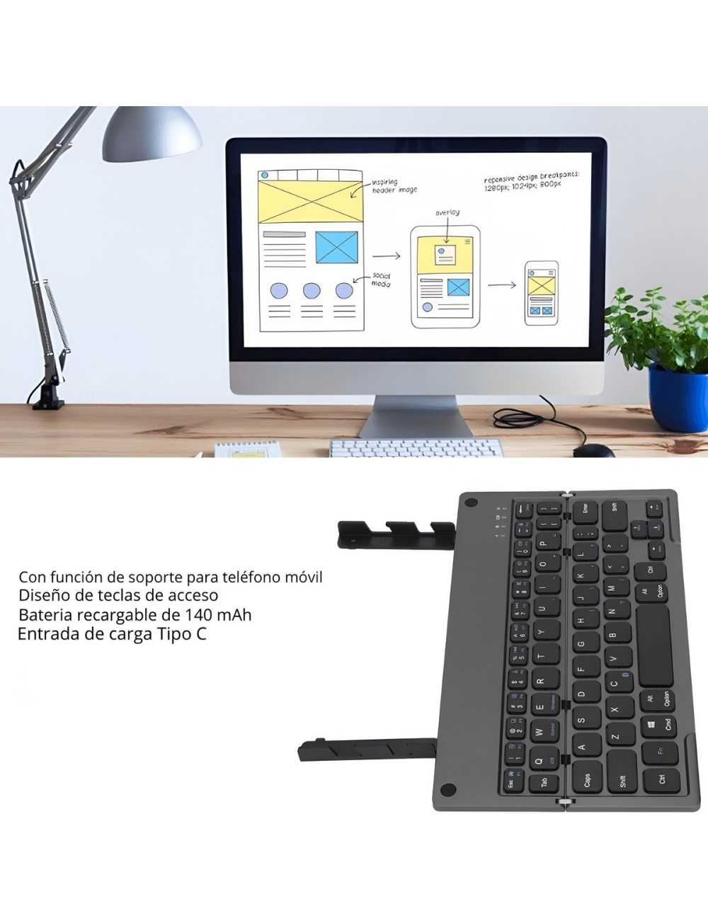 Teclado Plegable Bluetooth Soporte Celular Tablet Recargable