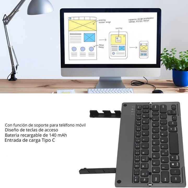 Teclado Plegable Bluetooth Soporte Celular Tablet Recargable