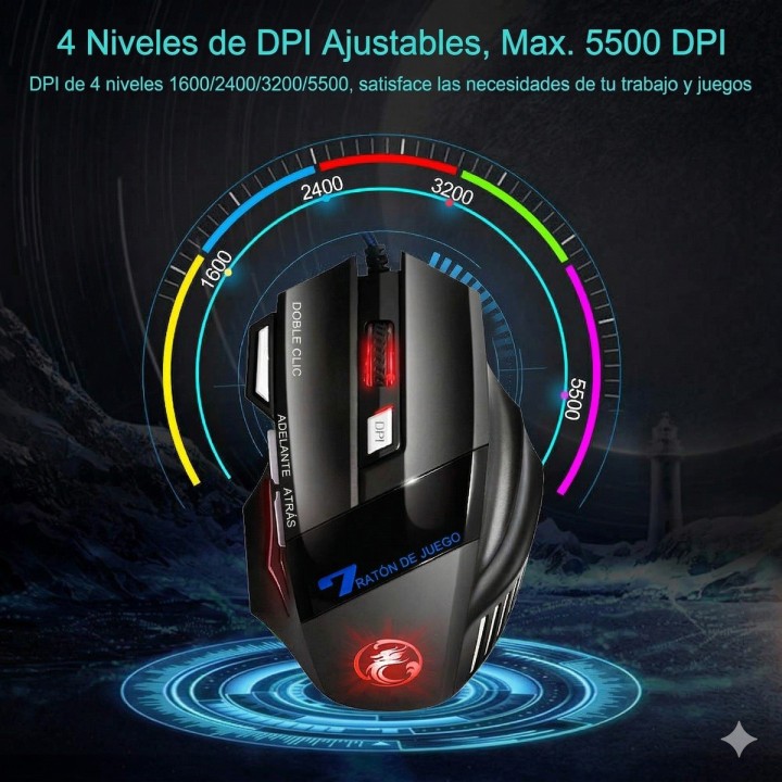 Mouse Gamer 7 Botones 6000 Dpi Led Rgb Botón X7 Pc