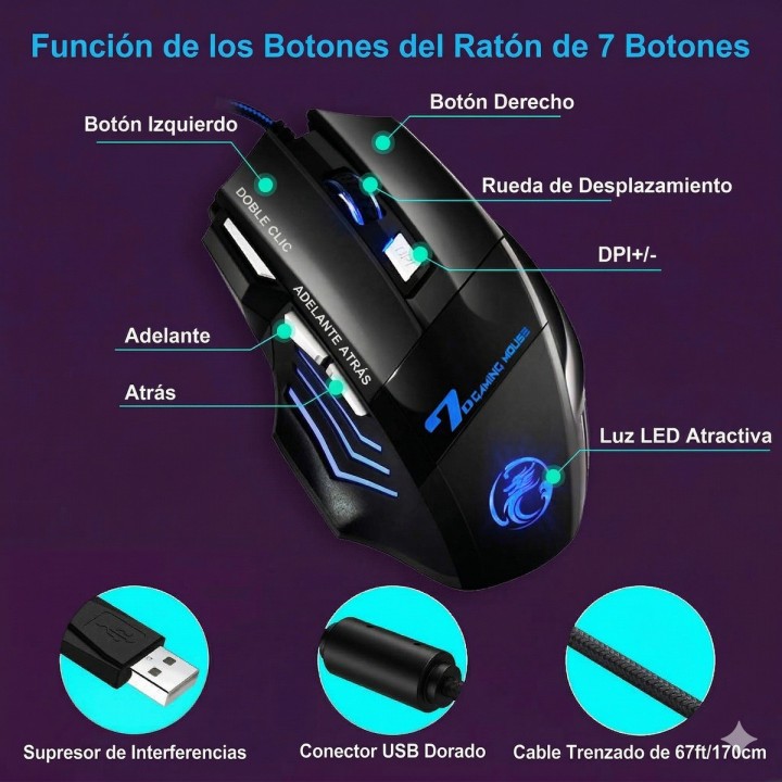Mouse Gamer 7 Botones 6000 Dpi Led Rgb Botón X7 Pc