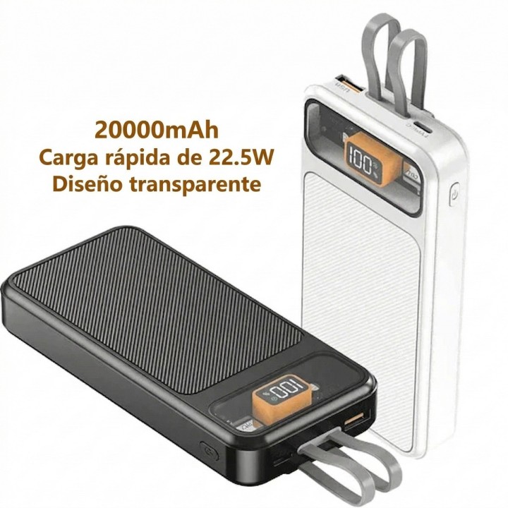 Power Bank 20000mah Carga Rápida 22.5w Cables Integrados