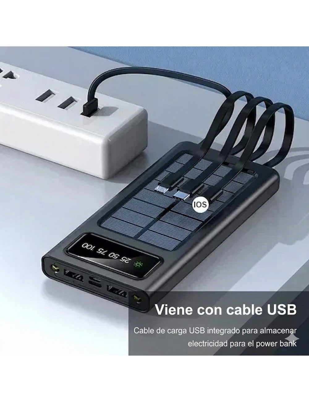 Power Bank Solar 20000mah 4 Cables Integrados Linterna Led