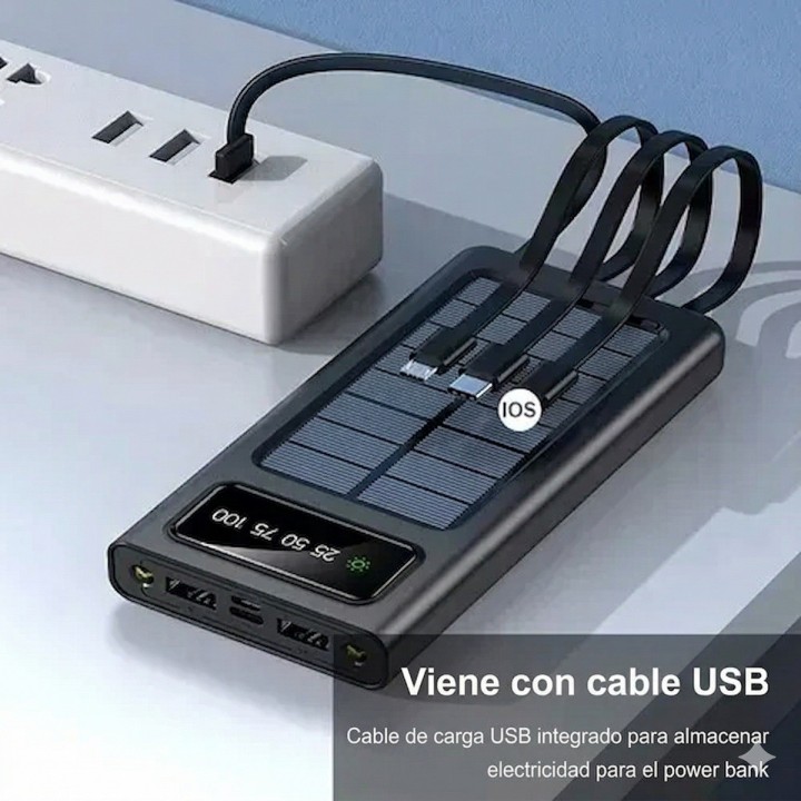 Power Bank Solar 20000mah 4 Cables Integrados Linterna Led