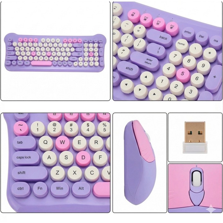Combo Teclado Y Mouse Inalámbrico Vintage Retro Pastel