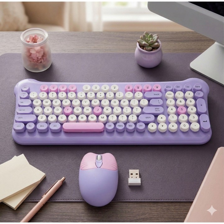 Combo Teclado Y Mouse Inalámbrico Vintage Retro Pastel