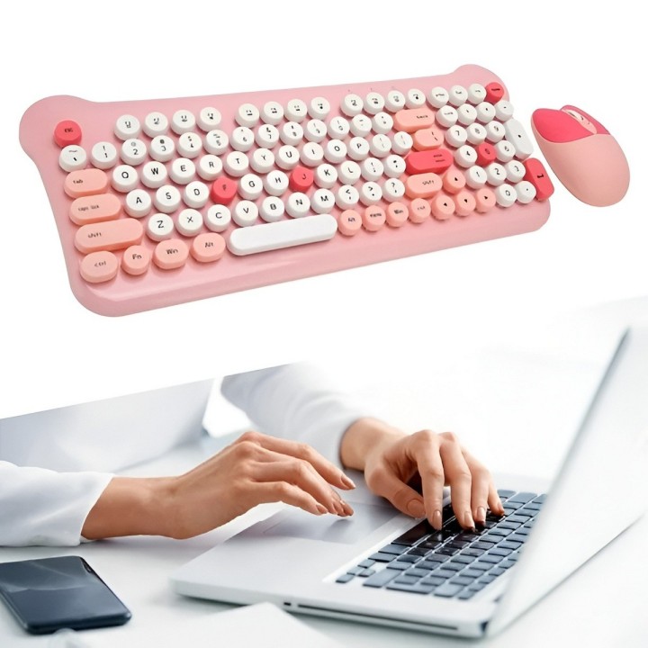 Combo Teclado Y Mouse Inalámbrico Vintage Retro Pastel