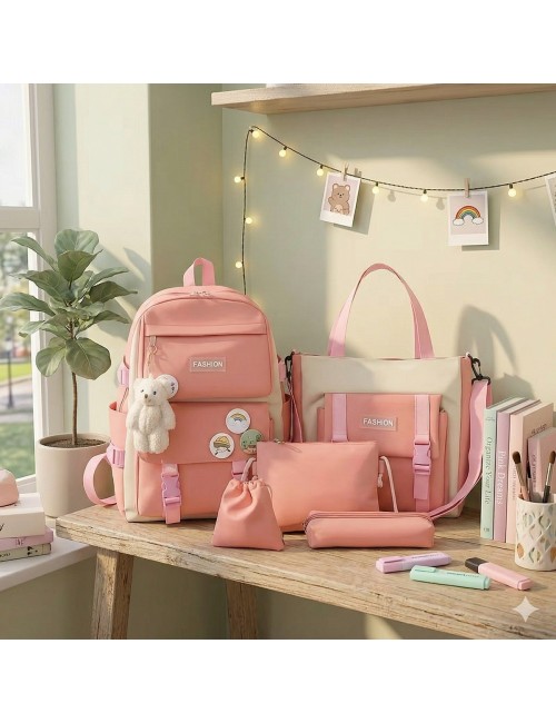 Combo Morral Maleta Aesthetic 5 Piezas Escolar Kawaii
