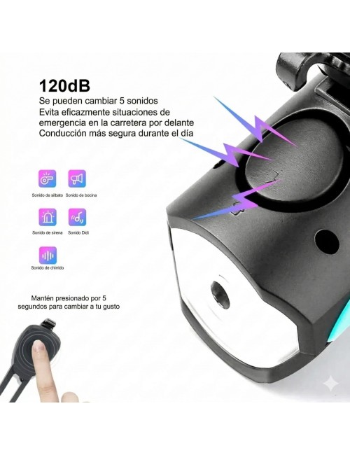 Luz De Bicicleta Recargable Con Bocina 120db Impermeable