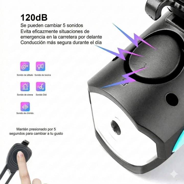 Luz De Bicicleta Recargable Con Bocina 120db Impermeable
