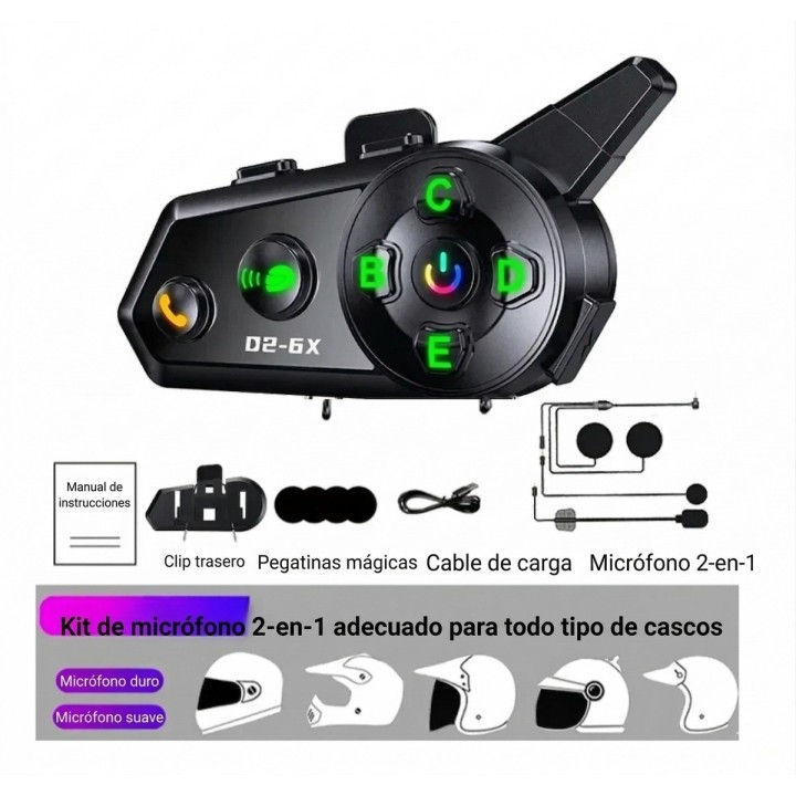 Intercomunicador Casco Moto D2-6x Bluetooth 1000m Grupal