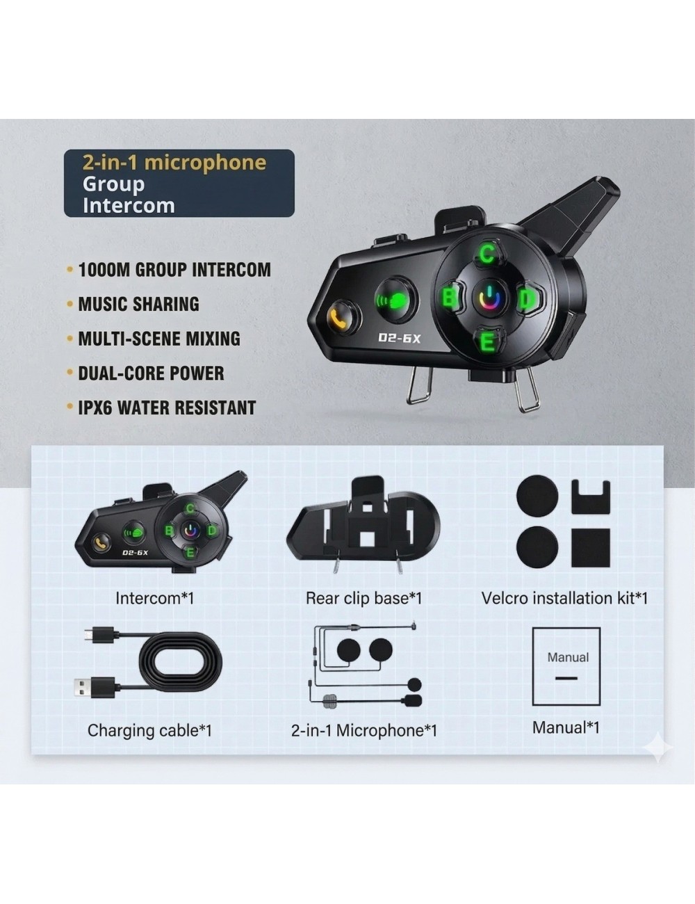 Intercomunicador Casco Moto D2-6x Bluetooth 1000m Grupal
