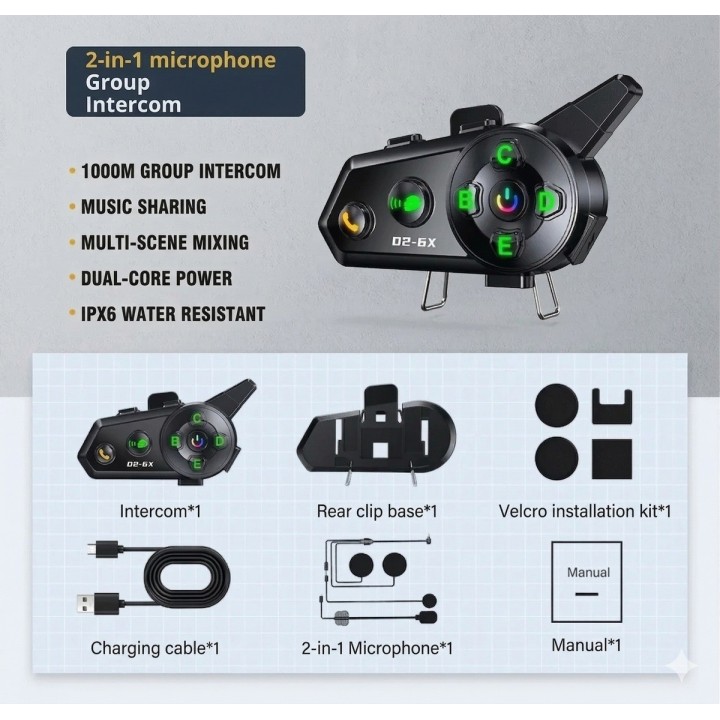 Intercomunicador Casco Moto D2-6x Bluetooth 1000m Grupal