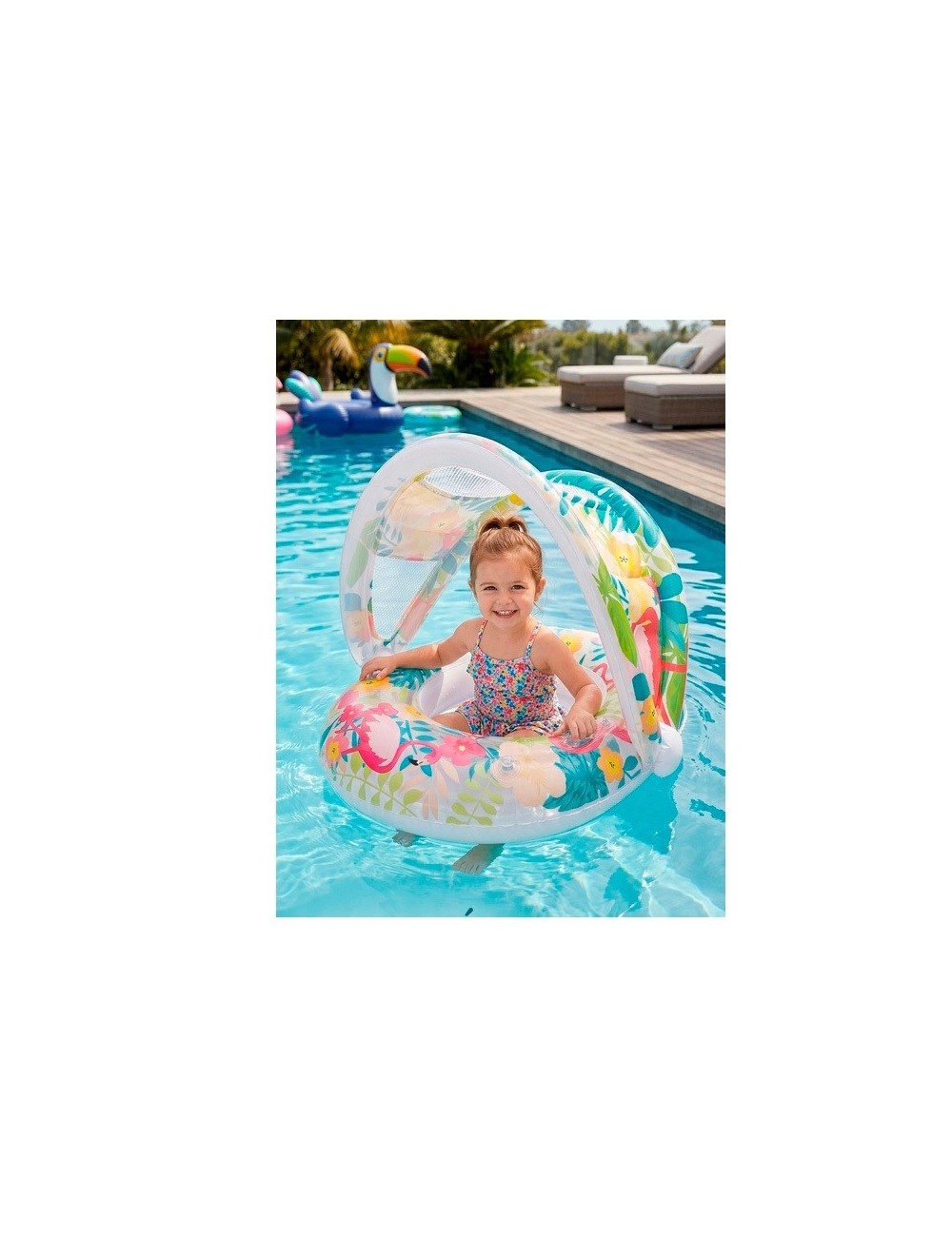 Flotador Inflable Bebé Con Techo Protección Uv Flamenco