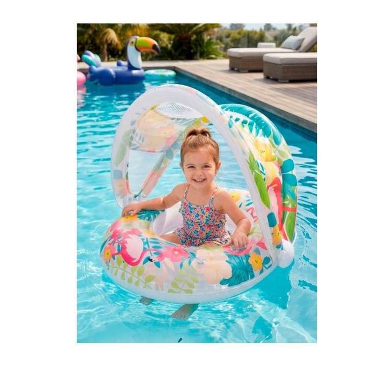 Flotador Inflable Bebé Con Techo Protección Uv Flamenco