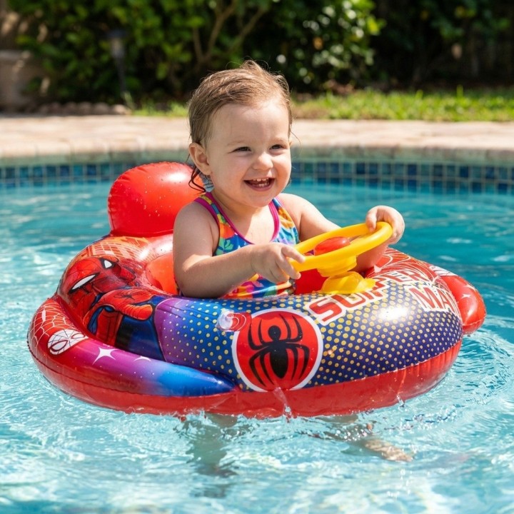 Flotador Inflable Barca Con Timón Superhéroe Para Niños Bebé