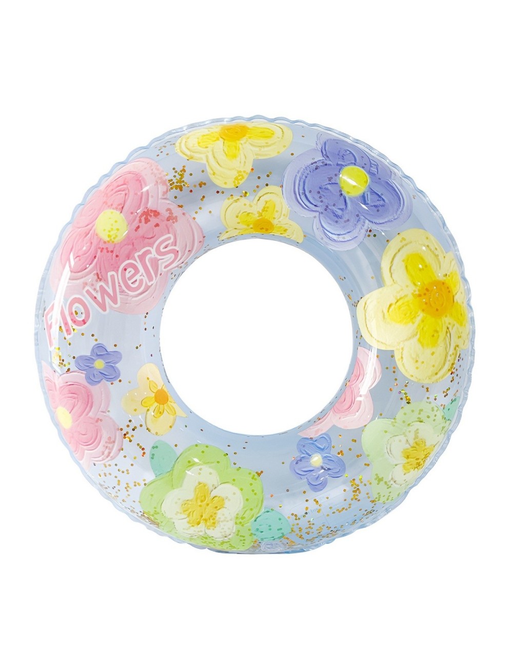 Flotador Inflable Dona Transparente Flores Con Brillos 90cm