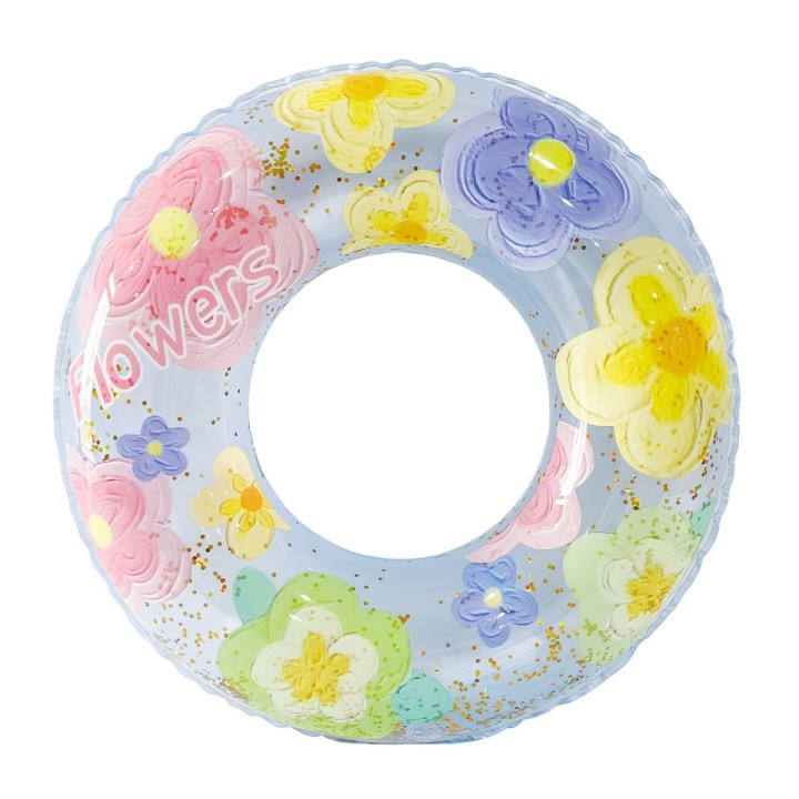 Flotador Inflable Dona Transparente Flores Con Brillos 90cm