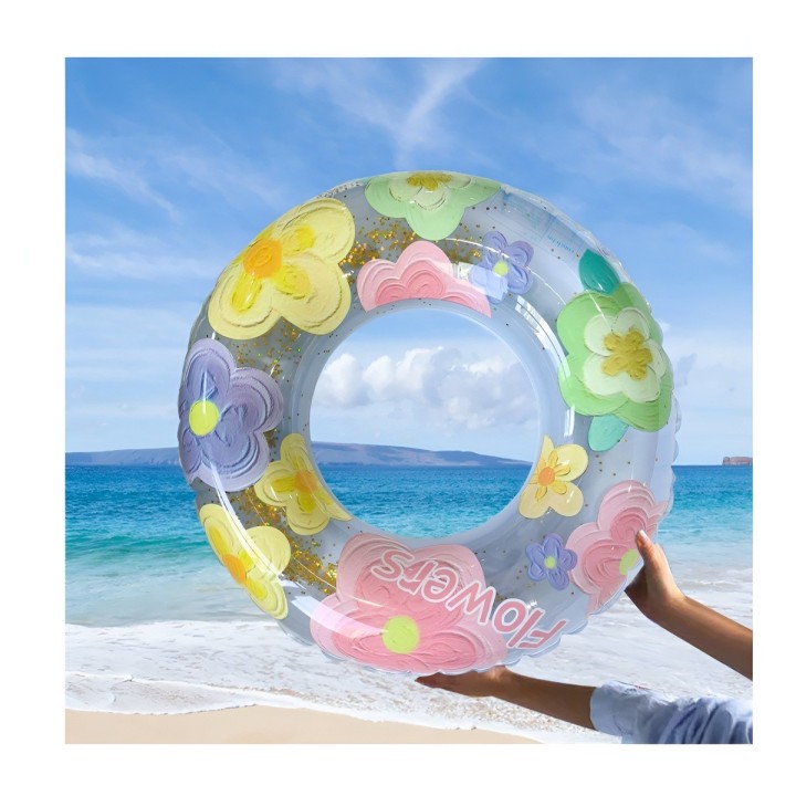 Flotador Inflable Dona Transparente Flores Con Brillos 90cm