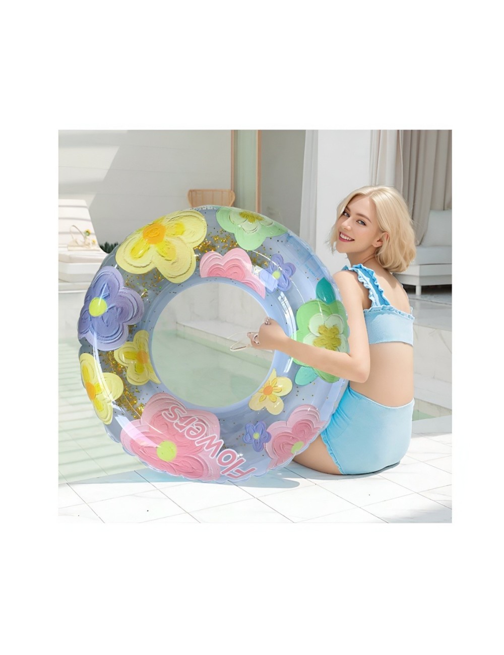 Flotador Inflable Dona Transparente Flores Con Brillos 90cm