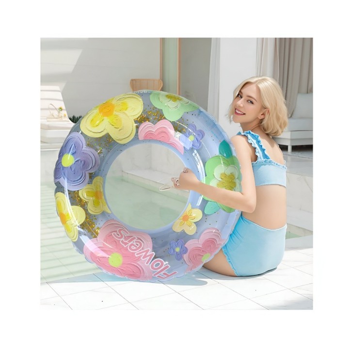 Flotador Inflable Dona Transparente Flores Con Brillos 90cm