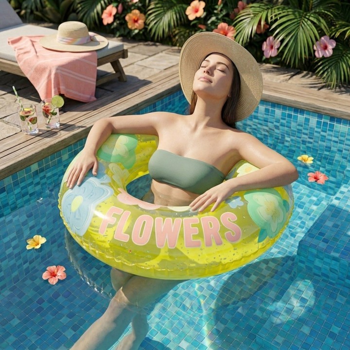 Flotador Inflable Dona Transparente Flores Con Brillos 90cm