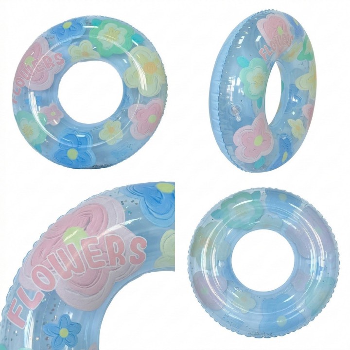 Flotador Inflable Dona Transparente Flores Con Brillos 90cm