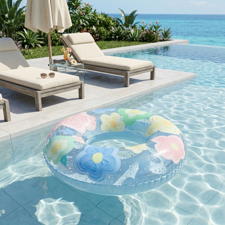 Flotador Inflable Dona Transparente Flores Con Brillos 90cm