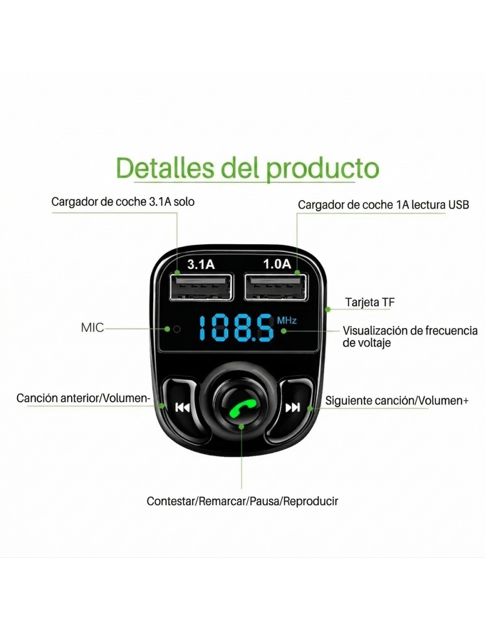 Transmisor Fm Bluetooth 5.0 Carga Rápida 3.1a Manos Libres