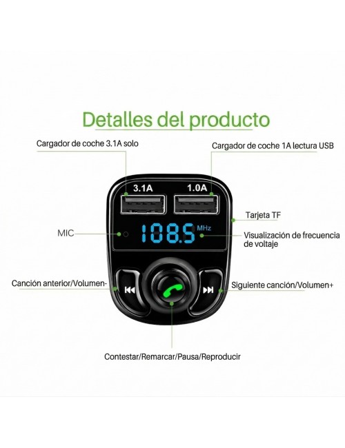 Transmisor Fm Bluetooth 5.0 Carga Rápida 3.1a Manos Libres