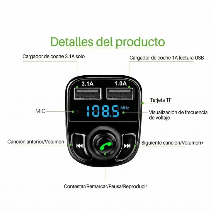 Transmisor Fm Bluetooth 5.0 Carga Rápida 3.1a Manos Libres