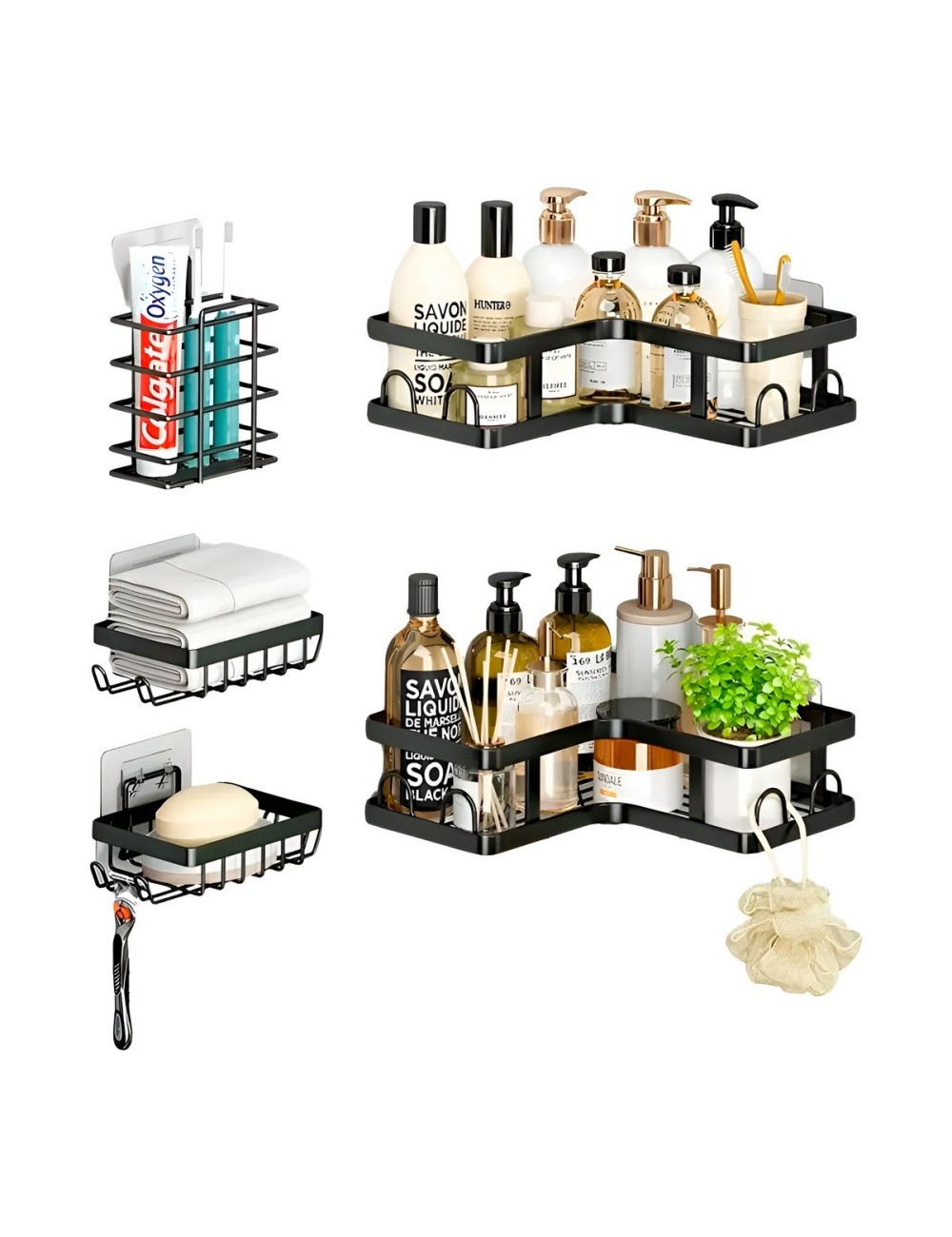 Set Organizador Baño Cocina Esquinero Adhesivo Negro 5 Pcs